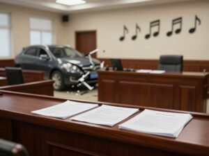 Courtroom scene related to the theft of unreleased music