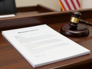 A courtroom with legal documents and a gavel