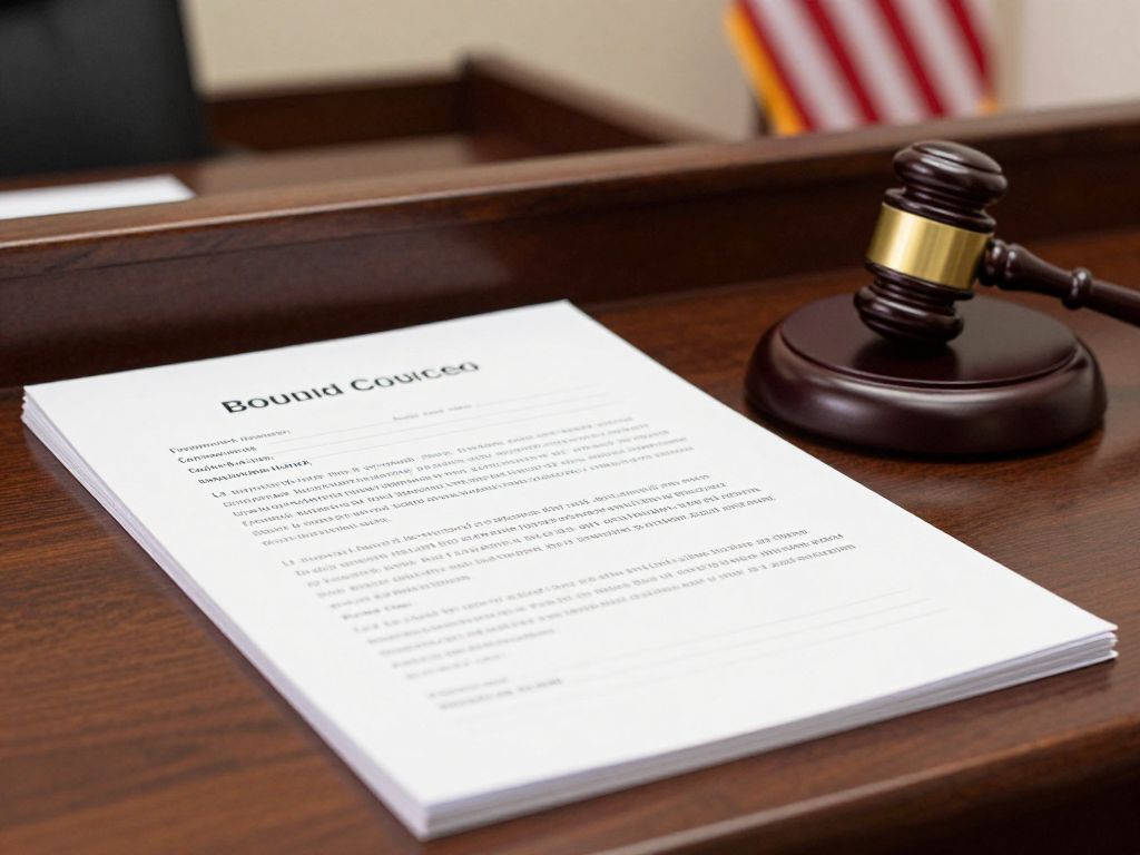 A courtroom with legal documents and a gavel