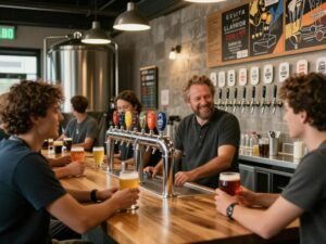 People enjoying craft beers in a lively brewery atmosphere