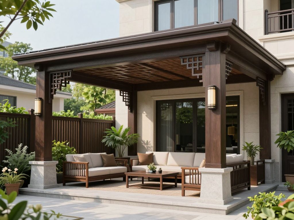 Patio cover providing shade and protection in an outdoor living area.
