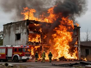 Firefighters battling a massive blaze at an abandoned building