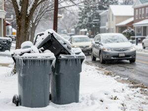Snow-covered street in DeKalb County with trash bins