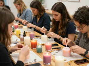 Participants enjoying a DIY candle-making workshop at Lotus Flower Om, Atlanta.