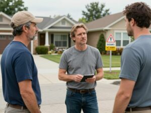 A homeowner speaking to a contractor with a warning sign about driveway repair scams.