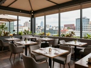 A view of Dune & Drift Restaurant's rooftop lounge overlooking Atlanta