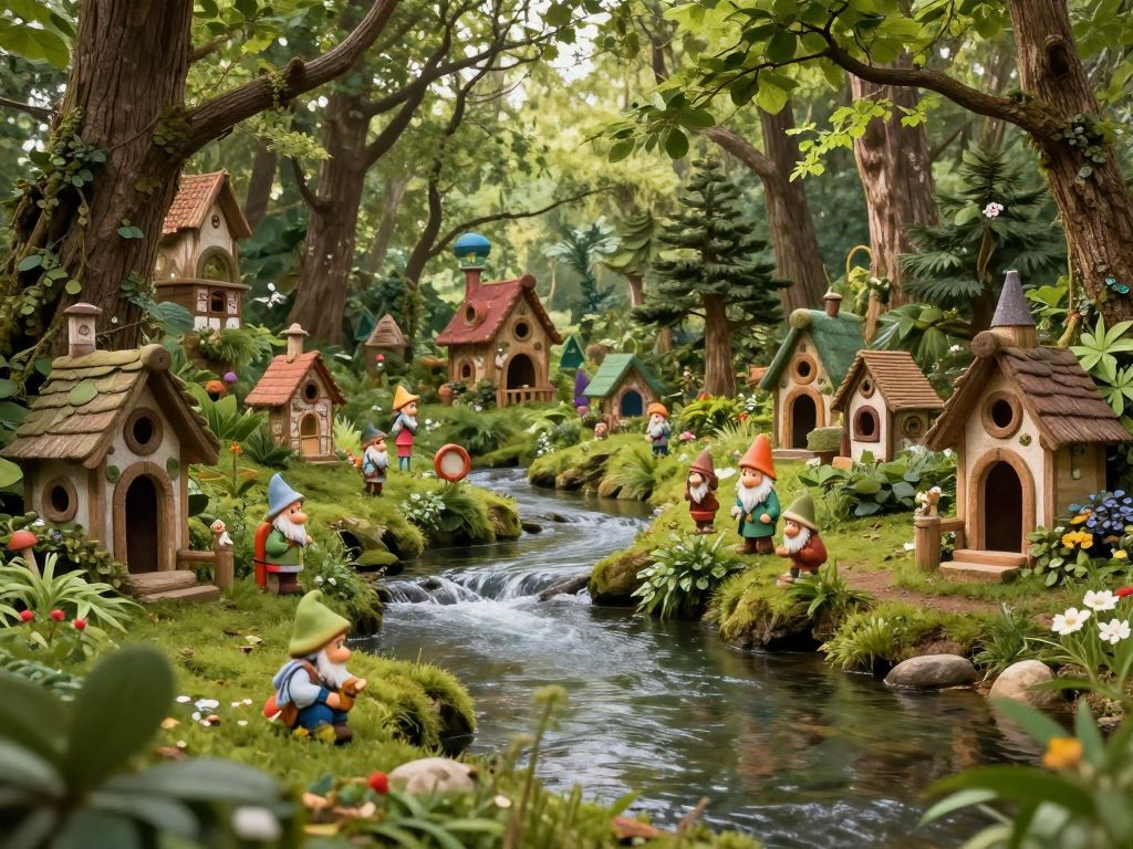 Whimsical fairy houses and gnome homes in a woodland setting