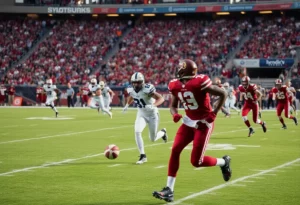 Action on the football field with players from the Atlanta Falcons during a game.