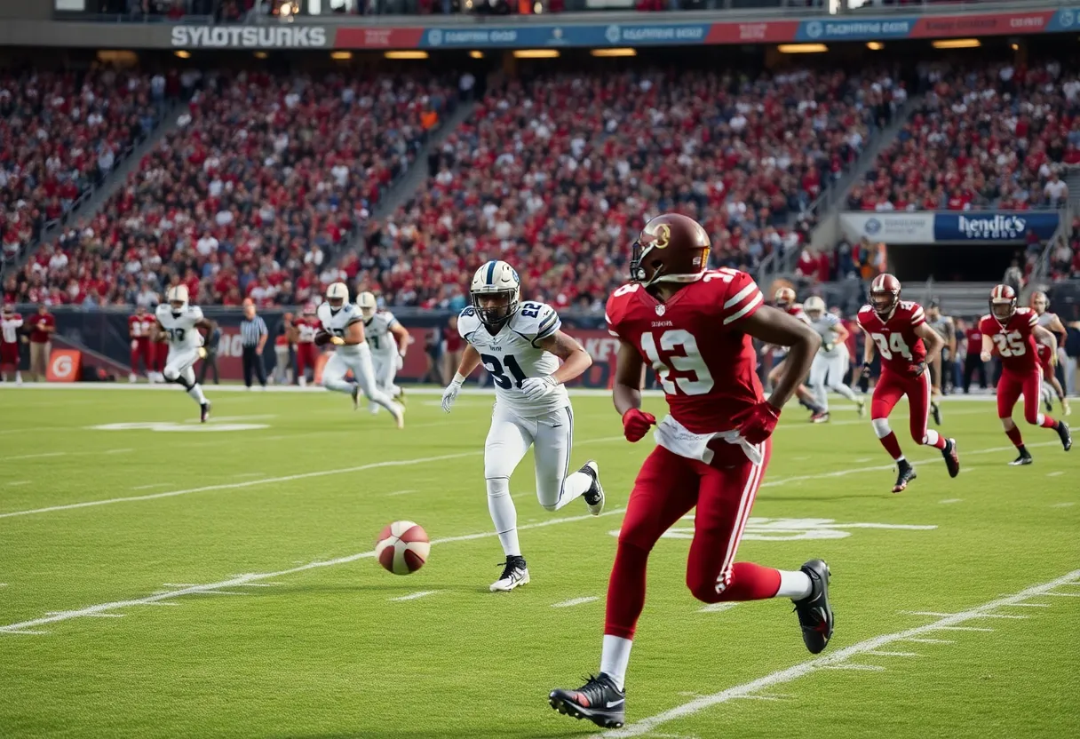 Action on the football field with players from the Atlanta Falcons during a game.