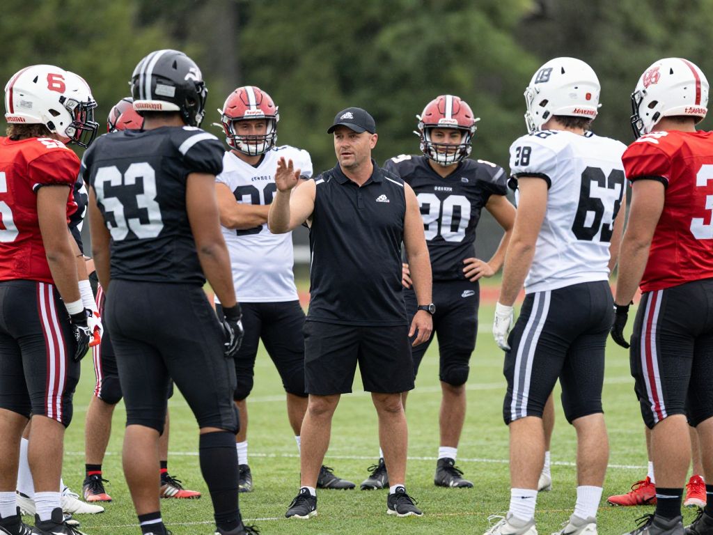 Coach discussing strategy with players on the field