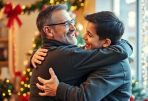 Father and son hugging during a heartfelt reunion with holiday decorations in the background.