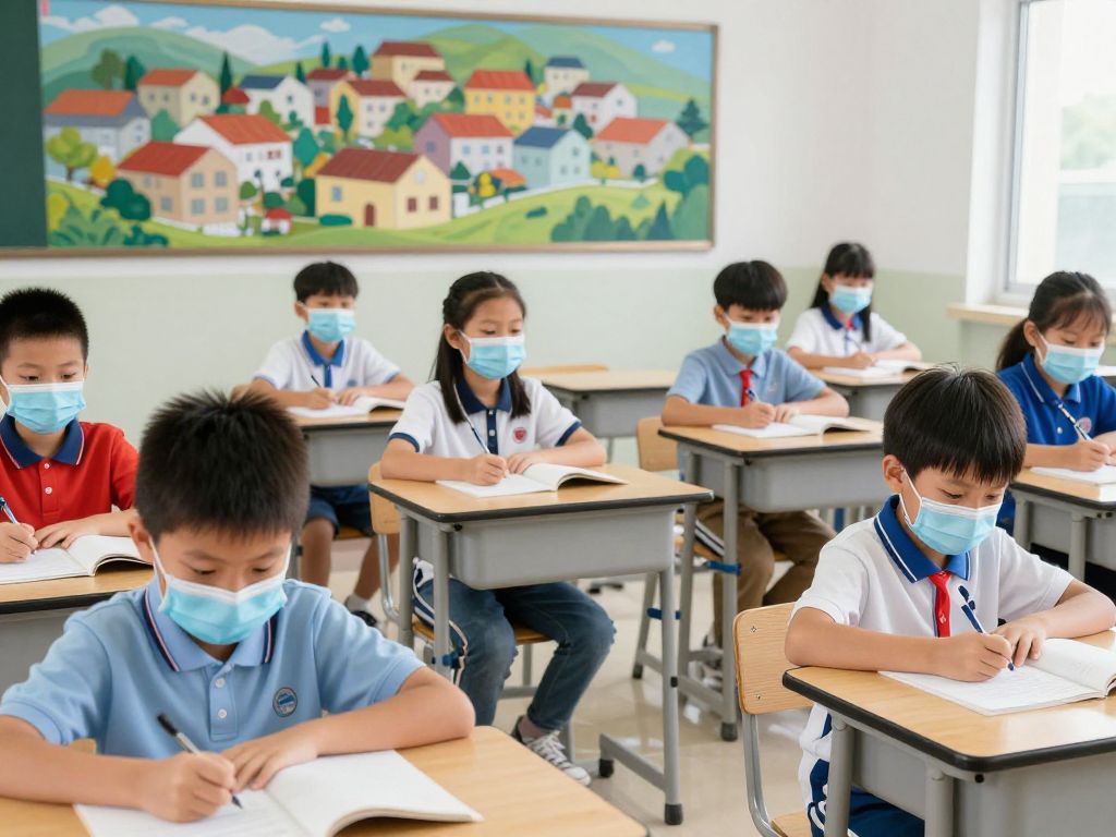 Children in classroom wearing masks during flu season in Atlanta.