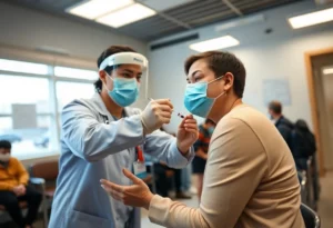 Healthcare worker giving flu vaccine to a patient in DeKalb County