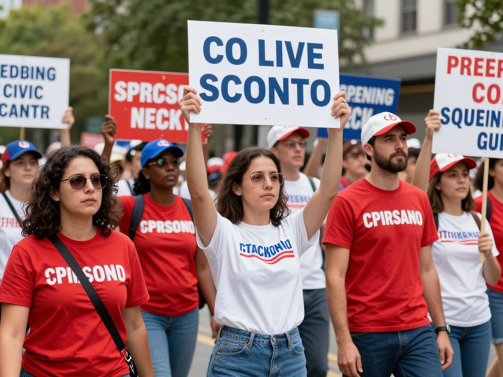 Group of diverse individuals in patriotic attire participating in a peaceful protest