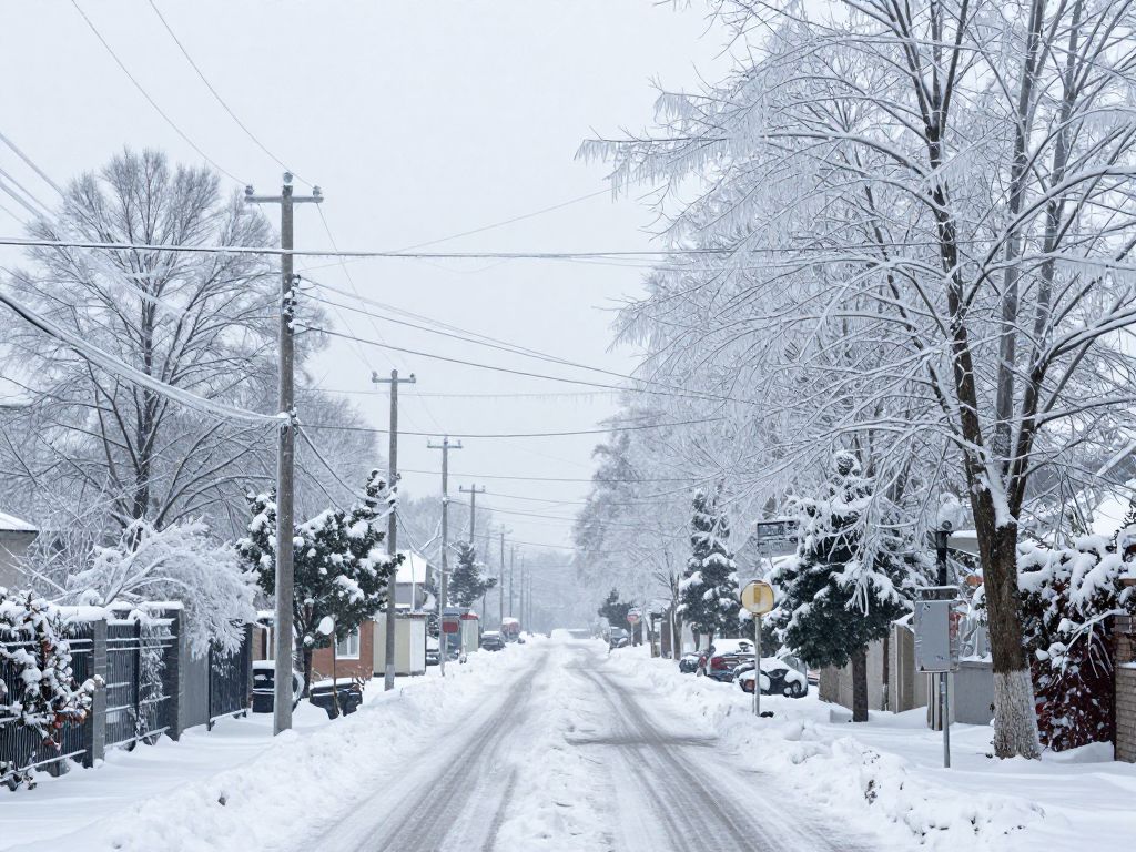 Frozen power lines and trees during a winter storm