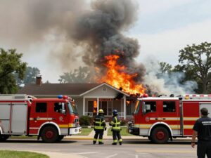 Firefighters battling a fire at a historic funeral home