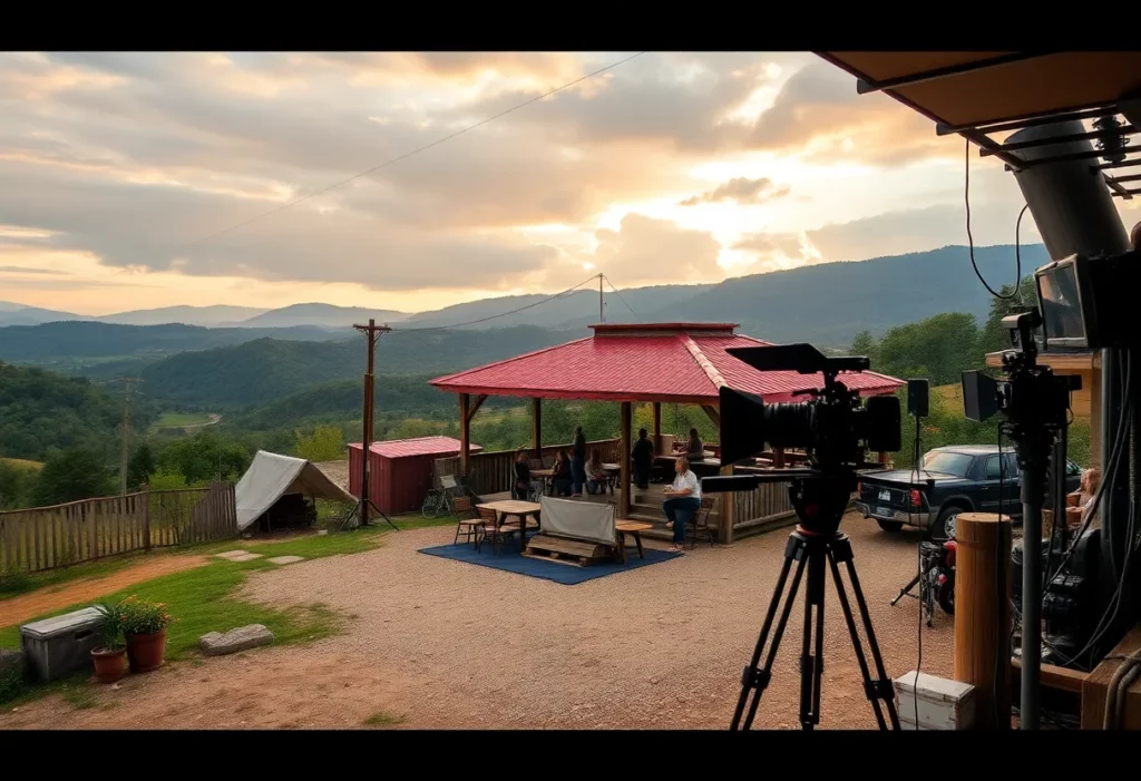 Film production scene in Georgia with scenic backdrops