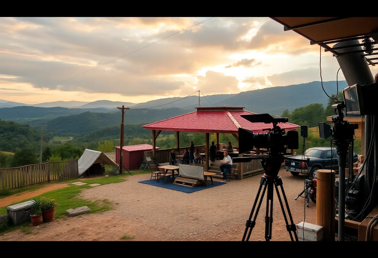 Film production scene in Georgia with scenic backdrops
