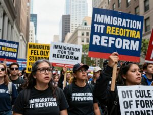 Protestors holding signs advocating for immigration reform in a city.