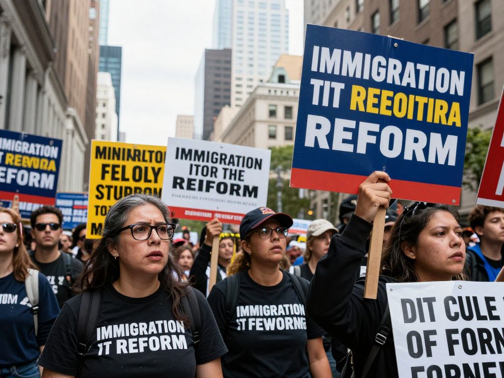 Protestors holding signs advocating for immigration reform in a city.