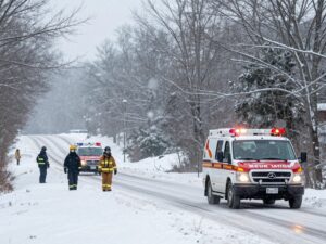 Emergency responders managing icy roads during a winter storm in Georgia