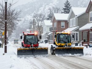 Snow-covered street in Georgia with emergency services preparing for winter storm