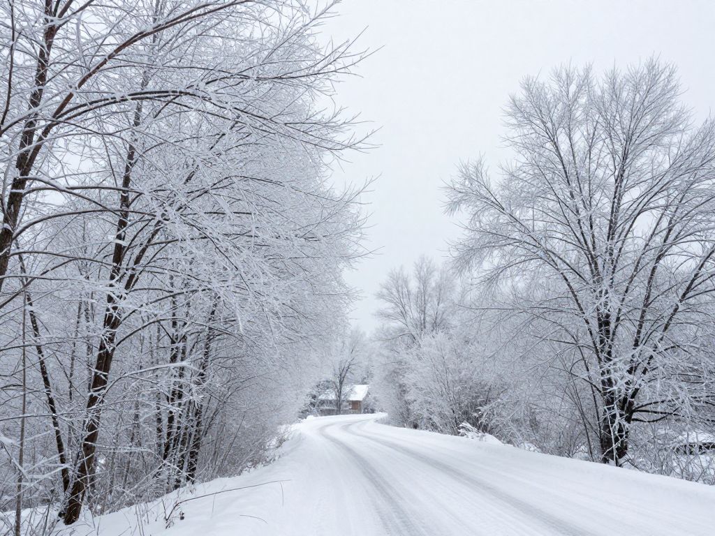 Winter storm in Georgia with icy trees and snow-covered roads