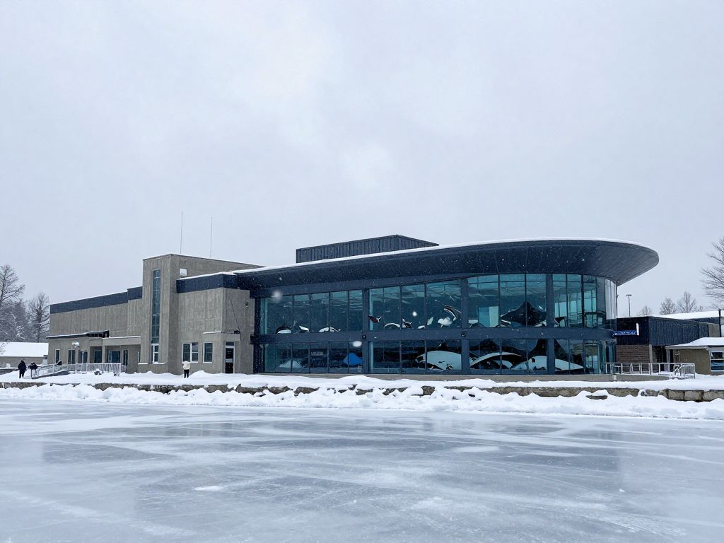 Snowy scene of the Georgia Aquarium showing winter weather impact.
