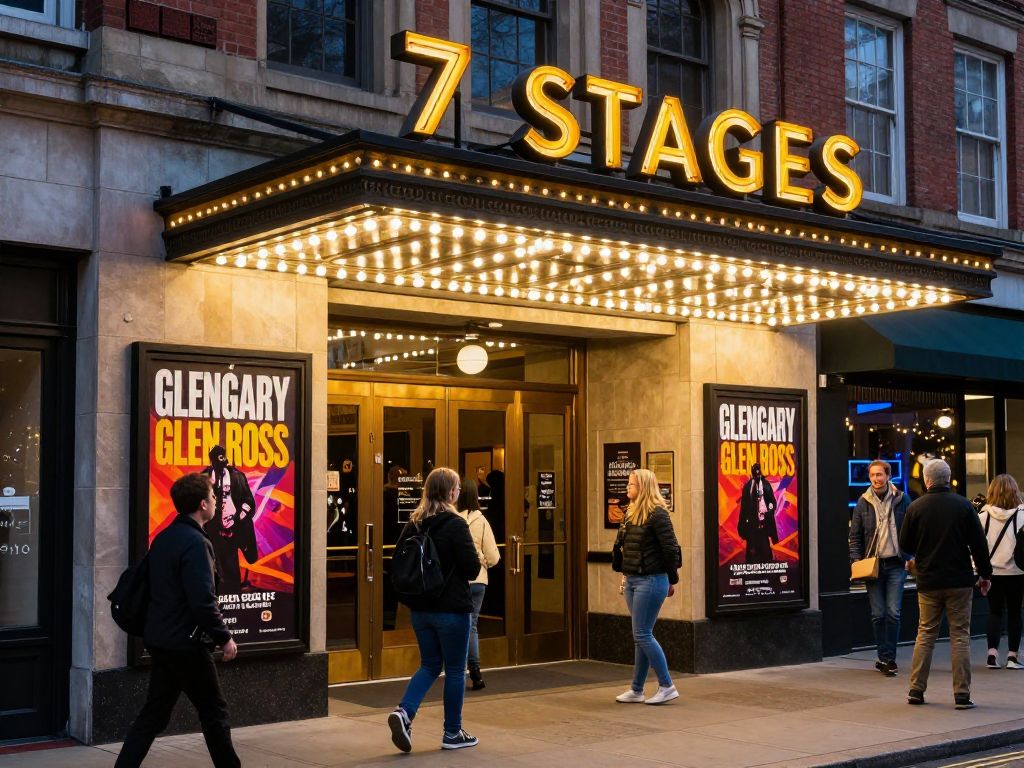 Audience arriving at 7 Stages Theatre for Glengarry Glen Ross performance