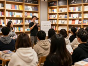 Authors presenting their book at a community literary event in a cozy bookstore.
