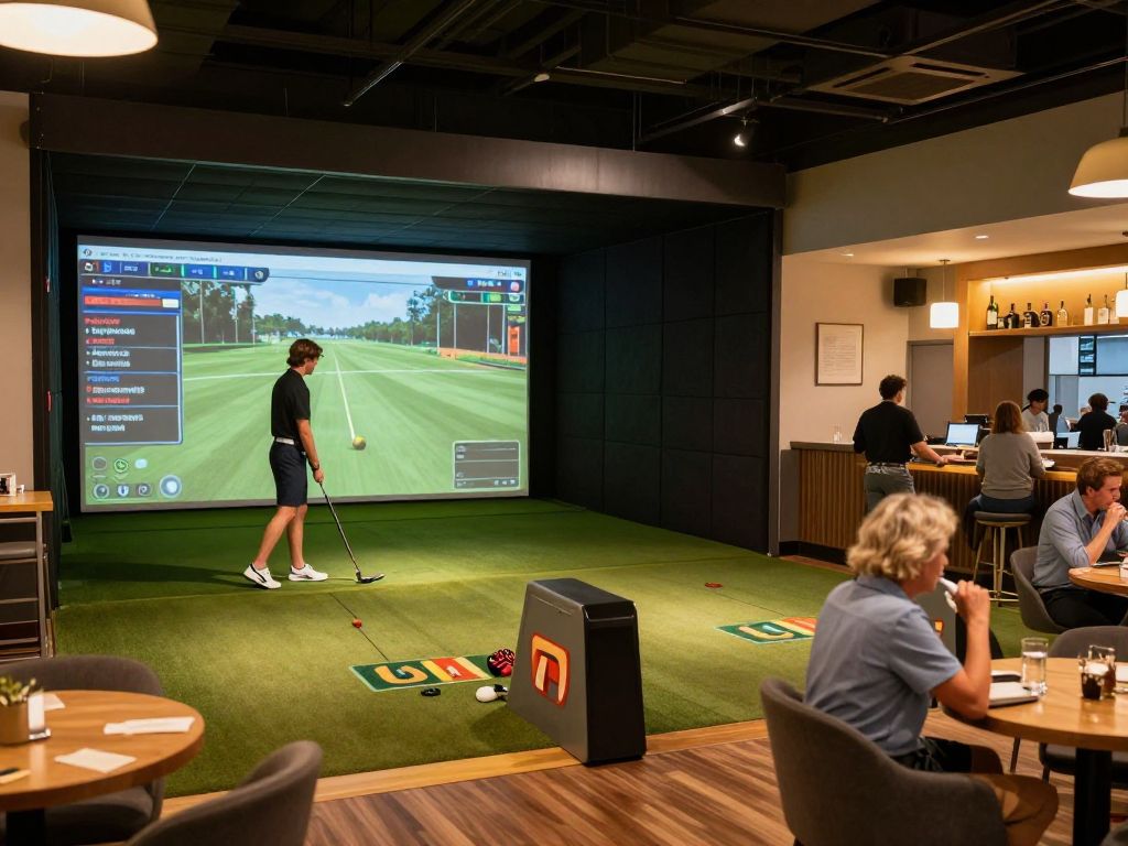 Interior view of Golf VX Duluth featuring golf simulators and a social area