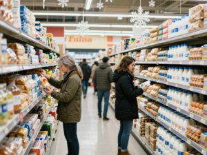 Shoppers in a grocery store preparing for a winter storm