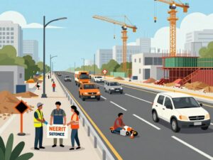 Construction of a highway with visible efforts to support homeless individuals in the community
