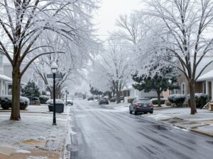 Icy streets and trees in Metro Atlanta during a severe ice storm