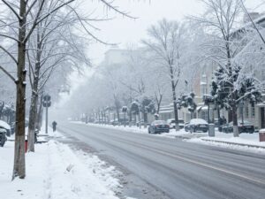 Icy roads and trees in metro Atlanta during an ice storm
