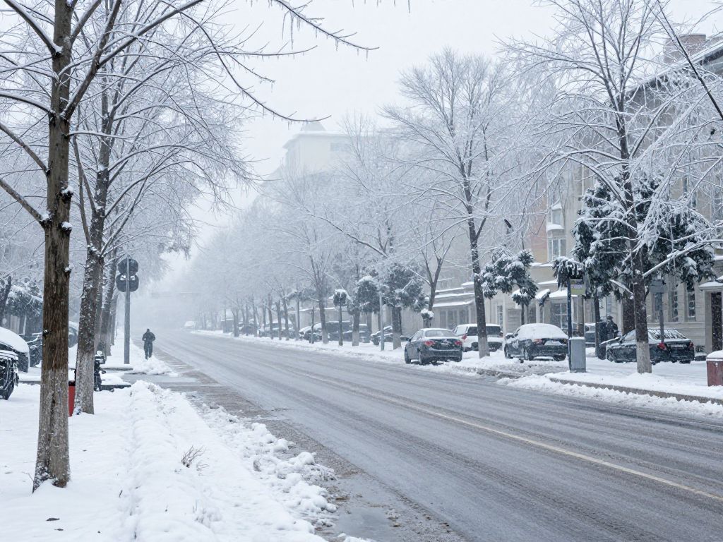 Icy roads and trees in metro Atlanta during an ice storm