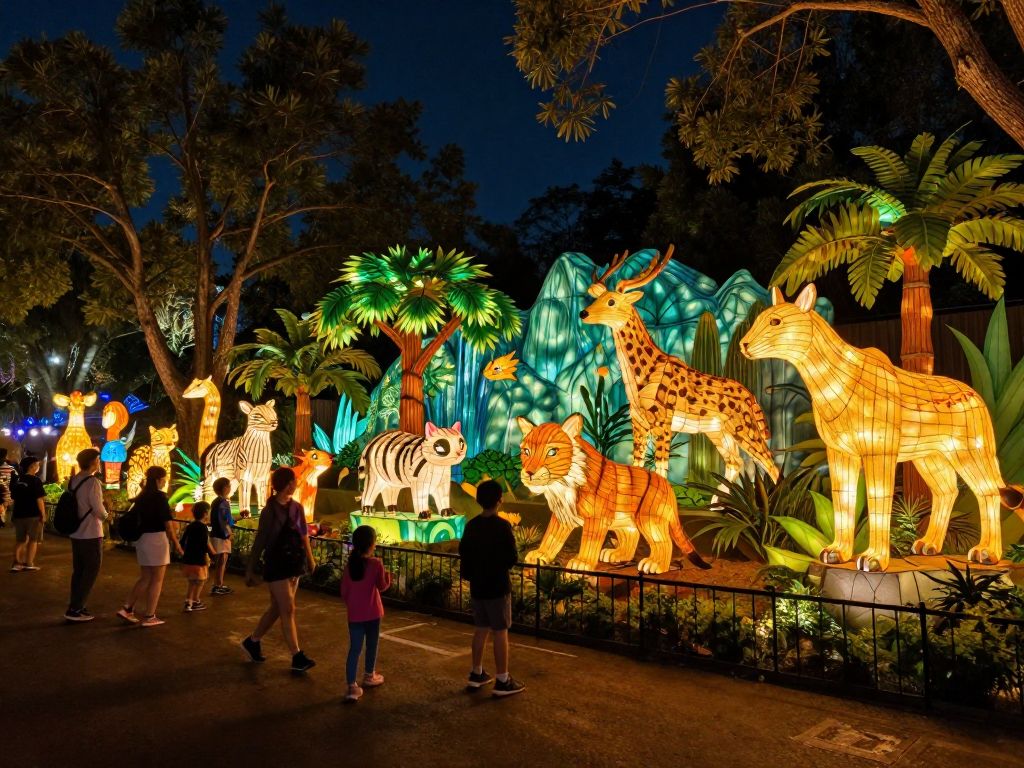 Families enjoying the IllumiNights festival at Zoo Atlanta with glowing lantern displays.