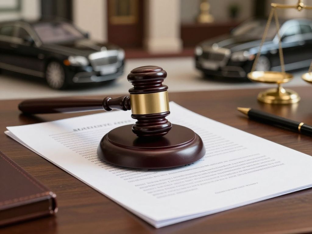 Judicial gavel with luxury cars in the background