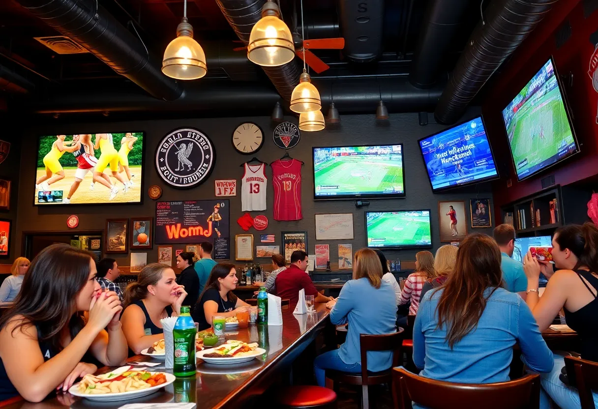 Interior of The Dub sports bar with women’s sports theme.
