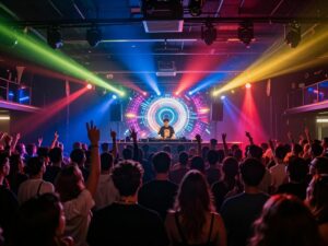 Crowd enjoying Lavern's performance at District Atlanta with vibrant lights