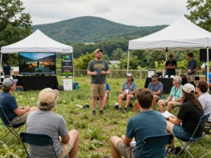 Attendees at Lookout Wild Film Festival enjoying outdoor adventure films amidst beautiful scenery.