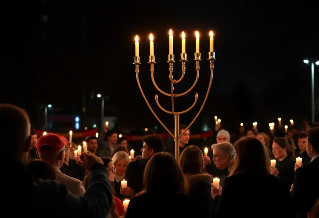 Community members gather for menorah lighting ceremony at night.