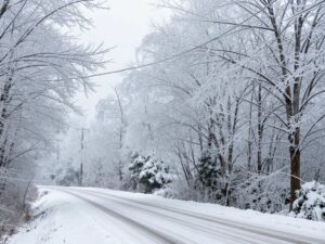 Icy winter landscape in North Georgia showing severe ice accumulation.