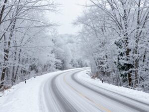 Icy roads and trees in North Georgia after a winter storm
