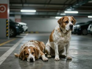 Parking garage scene highlighting animal welfare issues.