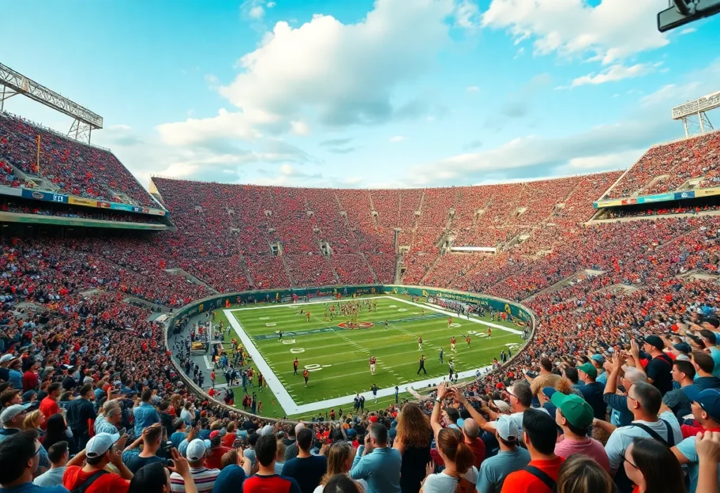 Overview of Mercedes-Benz Stadium filled with fans during the Peach Bowl Semifinal.