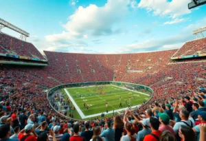 Overview of Mercedes-Benz Stadium filled with fans during the Peach Bowl Semifinal.