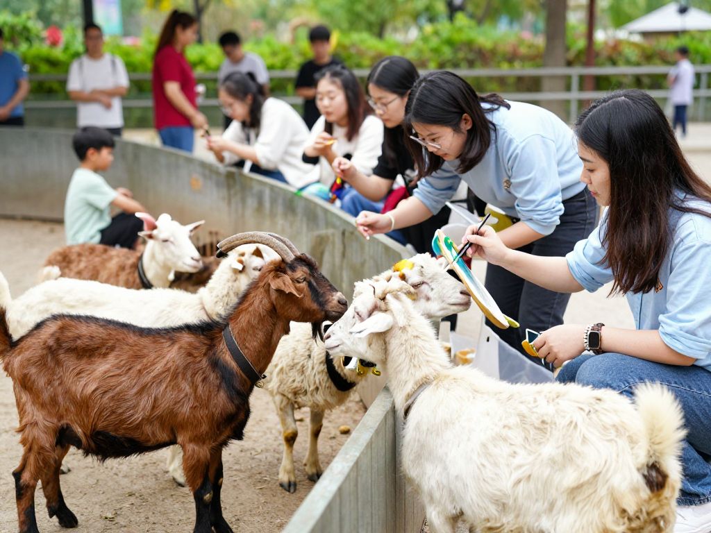 Goats and sheep in a petting zoo participating in an art activity