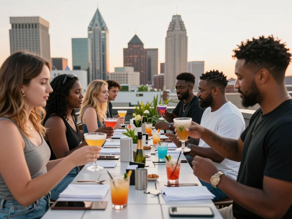 Participants enjoying a mixology class on a rooftop in Atlanta
