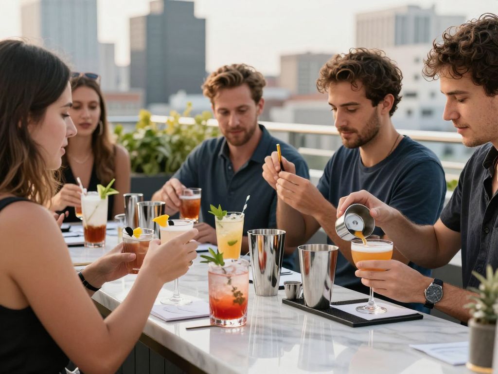 Participants learning mixology at a rooftop bar
